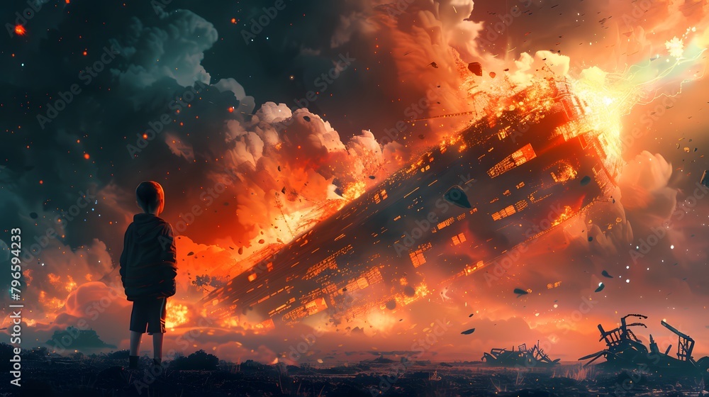 A young child stands in awe as a gigantic spacecraft crashes into Earth, engulfing the sky in flames and debris, Digital art style, illustration painting.