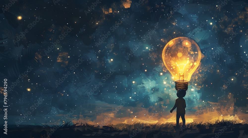 Naklejka premium A silhouette of a child stands before a massive, illuminated lightbulb in an ethereal, starry field, evoking a sense of wonder and imagination, Digital art style, illustration painting.