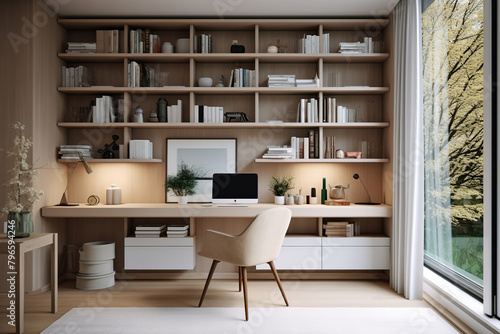 Modern Home office with desk and shelves