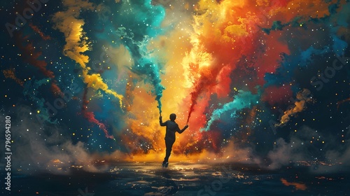 A lone figure raises their hands amidst a spectacular display of vibrant cosmic colors and particles, depicting a scene of awe and creation, Digital art style, illustration painting.