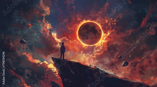 A lone observer stands on a cliff, gazing at an awe-inspiring solar eclipse surrounded by a tumultuous cosmic cloudscape, Digital art style, illustration painting. photo