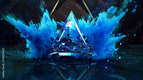 Vibrant blue paint explosions around a crystalline triangular prism on a dark triangular background.