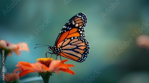 A delicate Monarch butterfly perches gracefully on a bloom amid a field of soft pink anemone flowers in gentle light.
