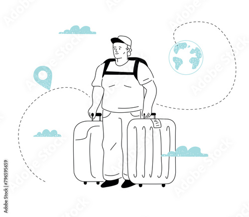 A hand-drawn obese man with suitcases at the airport, waiting for departure. The concept of a single person's journey.