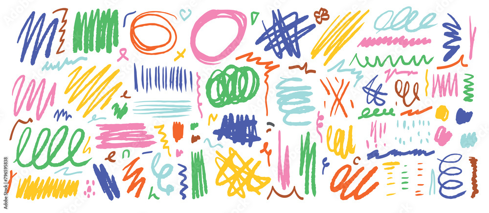 A set of multicolored hand-drawn lines, strokes, sketches, stripes, scratches on a white background. Doodles, textured design elements. A set of multicolored hand-drawn lines, strokes, sketches, stripes, scratches on a white background. Doodles, textured design elements.