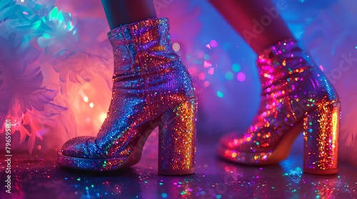 A retroinspired disco queen adorned in glittering sequins and platform heels