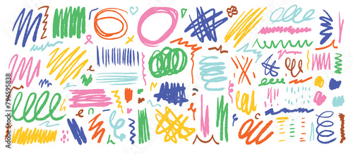 A set of multicolored hand-drawn lines, strokes, sketches, stripes, scratches on a white background. Doodles, textured design elements.