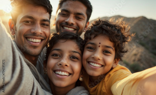 portrait of happy family of hikers taking selfie photo on top of mountain, travelers with backpack smiling together at camera, influential travel blogger streaming using smart mobile phone