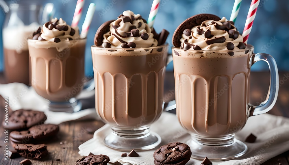 Chocolate cookie milkshake in tall mugs with chocolate whipped cream
Chocolate cookie milkshake in tall mugs with chocolate whipped cream