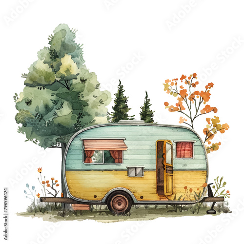 retro camper wagon with nature lanscape vector illustration in watercolor style