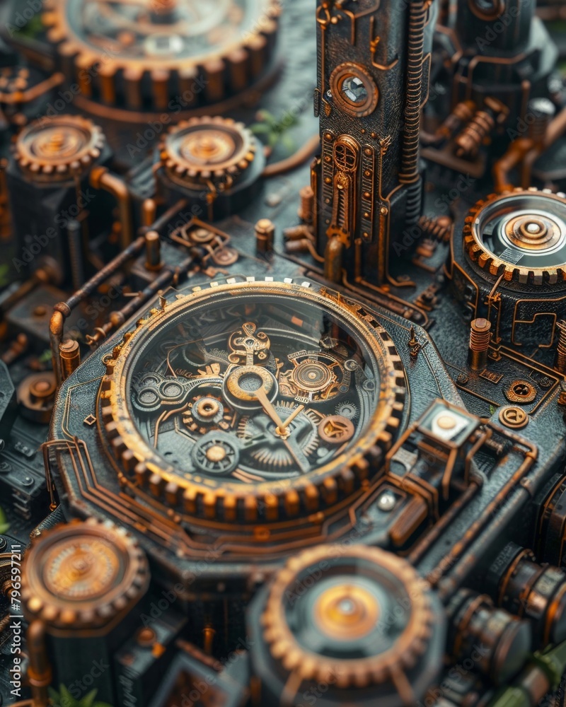 Brass gears and steam in a steampunk landscape, the clash of past and future Brass gears and steam in a steampunk landscape, the clash of past and future