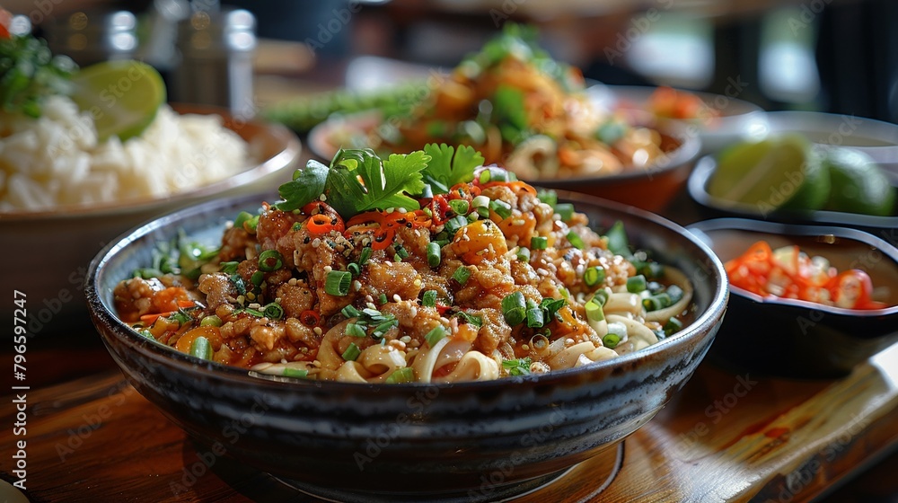 Fototapeta premium Carnitas and Pad Krapow Moo showdown, a flavorful battle across continents