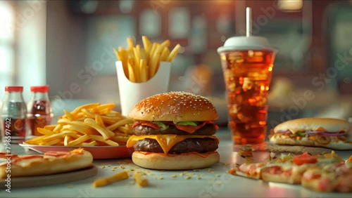 Grabandgo fast food set featuring hamburger, fries, pizza, and soda photo