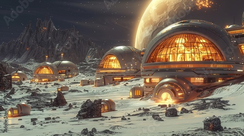 3D moon scifi base, aliens and humans in harmony