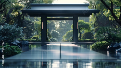Architectural detail of a minimalist Japanese gate leading to a serene garden. photo