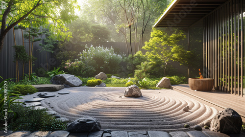 A serene Zen garden, meticulously rendered on canvas, instilling tranquility into a contemporary meditation space.  photo