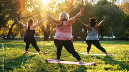 Three women of diverse body types practicing yoga in a sunny park during sunset. photo
