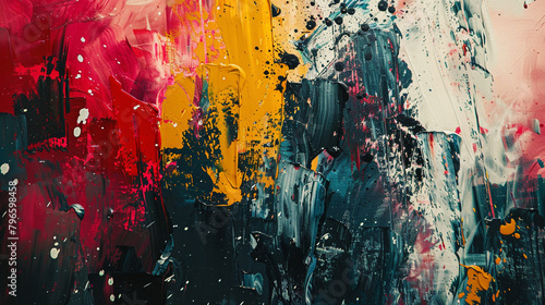 Bold brushstrokes of paint splattered across the canvas, forming an abstract expressionist masterpiece that bursts with raw emotion and energy. 