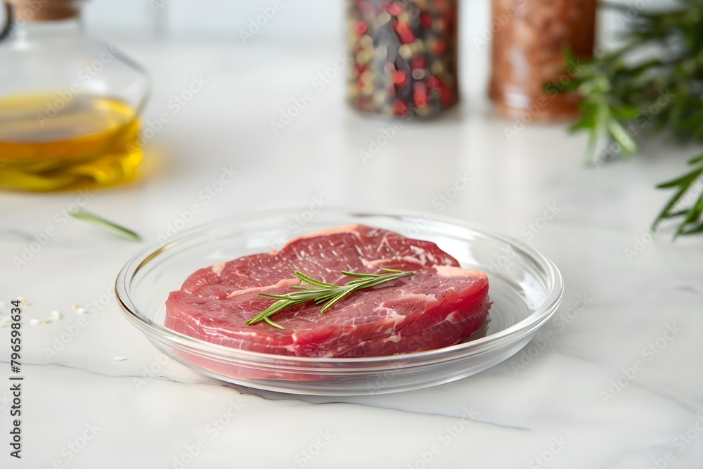 Lab-Grown Meat in a Petri Dish: A Sustainable Alternative to Traditional Meat. Concept Sustainable food, Lab-grown meat, Future of food, Ethical eating Lab-Grown Meat in a Petri Dish: A Sustainable Alternative to Traditional Meat. Concept Sustainable food, Lab-grown meat, Future of food, Ethical eating