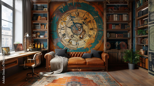 A steampunk-inspired clockwork universe, intricately illustrated on a vintage wall mural, adding a touch of whimsy to a Victorian-themed study. 