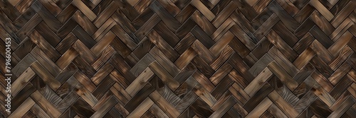 Elegant luxurious dark brown parquet laminate vinyl floor with herringbone pattern, flooring rustic oak wooden - wood timber panel decor texture flooring wall background, seamless pattern, top view