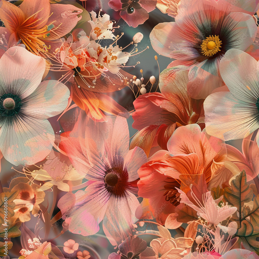 Seamless background with summer and spring flowers. Collage. Angelcore style