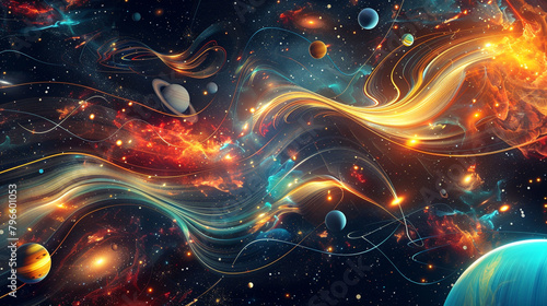 Celestial bodies swirling amidst wavy galaxies, a cosmic tribute to 70s space exploration.