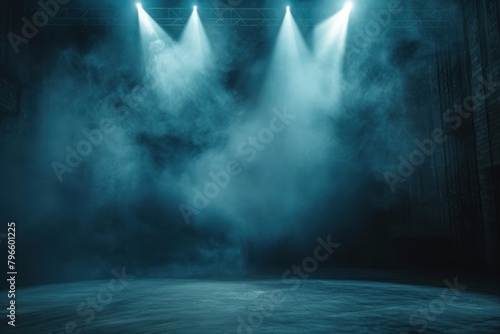 Illuminated stage with spotlights and smoke blackboard lighting outdoors.