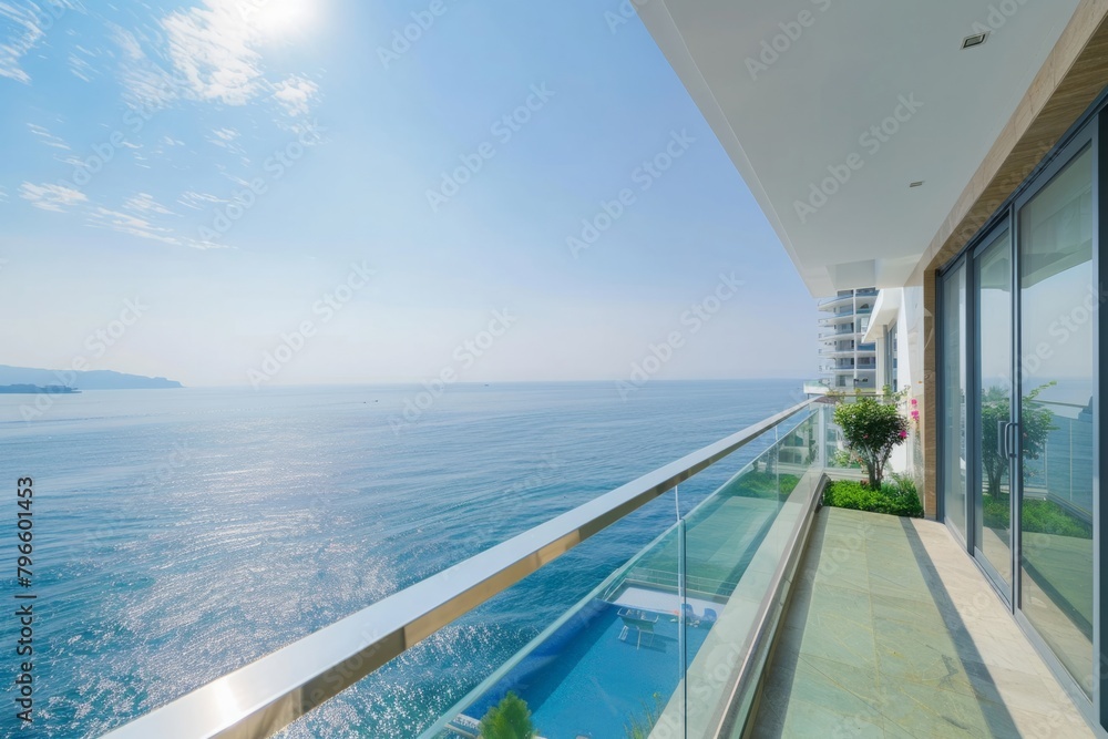 Fototapeta premium The luxury terrace transforms into a magical retreat, where residents can revel in the beauty of their surroundings and savor the simple luxury of a sea view sanctuary