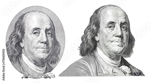 Benjamin Franklin cut from new and old 100 dollars banknote