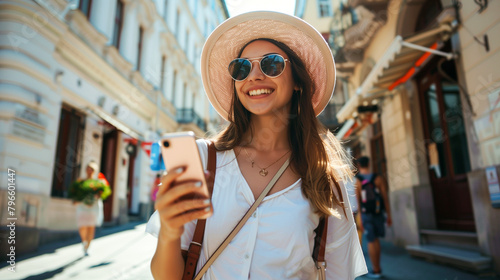A smiling tourist in a sun hat and sun glasses is holding a phone in her hand. Summer day, background of an old European city	