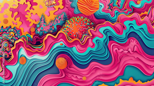 Dynamic shapes intertwining with wavy backgrounds, a vibrant homage to 70s psychedelia. photo