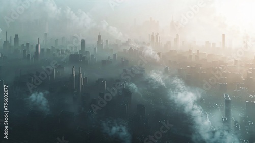 Big city full of smog that pollutes the environment as result of human activities
