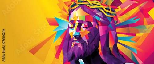 Jesus Christ religious spiritual illustration of faith prayer in colorful digital artwork on background with copy space photo