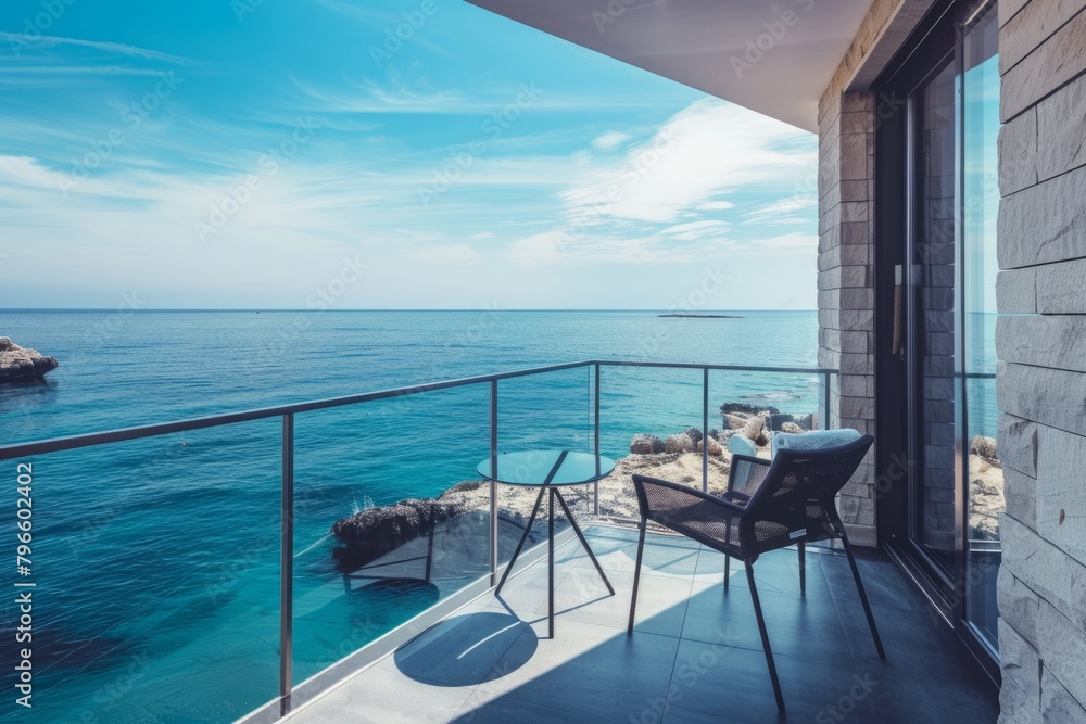 Fototapeta premium As the gentle breeze rustles through the minimalist decor adorning the terrace, residents are enveloped in a sense of peace and tranquility, heightened by the soothing backdrop of the sea view