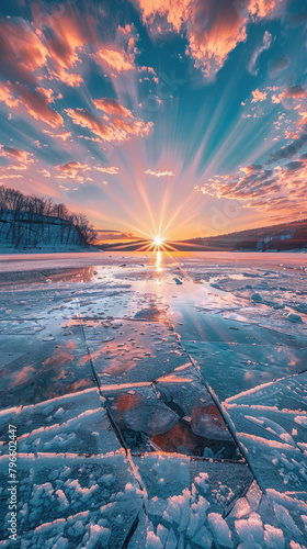 Sunrise over a frozen lake with vibrant sky - A breathtaking view of the sun rising over a frozen landscape  illuminating the icy surface and a colorful  cloud-filled sky