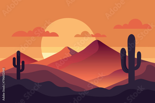 Desert landscape at sunset with cactus and mountain on sunset. Desert Mountain Vector design