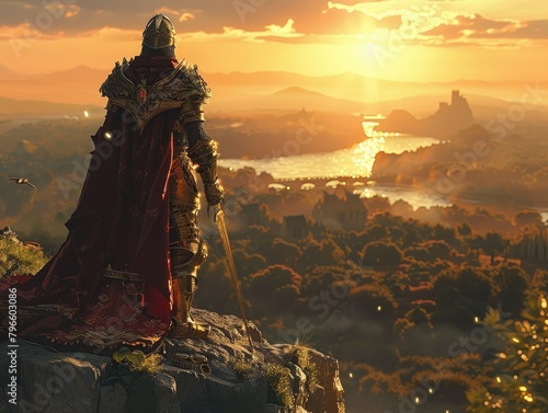 Medieval knight overlooking a fantasy landscape - A majestic medieval knight in full armor stands on a rocky ledge observing a sprawling fantasy landscape at sunrise