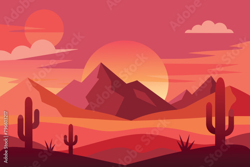 Desert landscape at sunset with cactus and mountain on sunset. Desert Mountain Vector design © mobarok8888