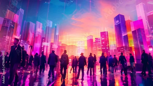 A cityscape with a sunset in the background and a large group of people walking around. Scene is lively and bustling, with the people going about their day in the city photo