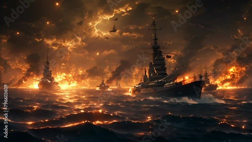 A painting of a battle between two ships with one of them being a battleship. The other ship is smaller and is being attacked by the battleship. The sky is dark and cloudy photo