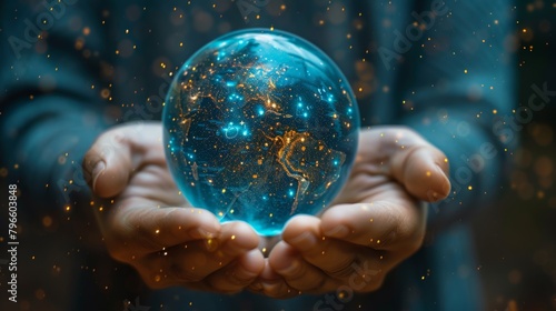 A concept of managing things via the Internet. The human hand holds the globe on its finger. photo