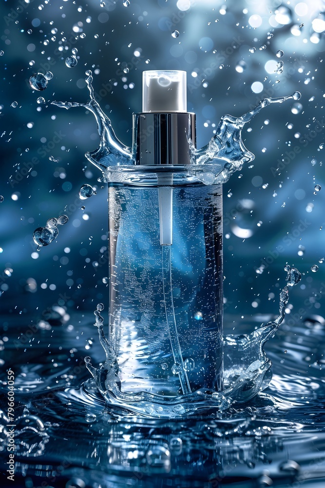 Skincare Products: Transparent Serum Bottle Floating with Water Splashes, Hand Edited Generative AI Skincare Products: Transparent Serum Bottle Floating with Water Splashes, Hand Edited Generative AI