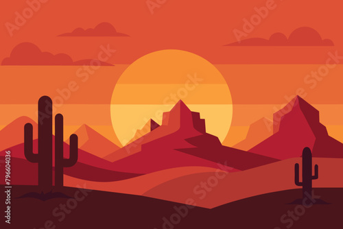 Desert landscape at sunset with cactus and mountain on sunset. Desert Mountain Vector design