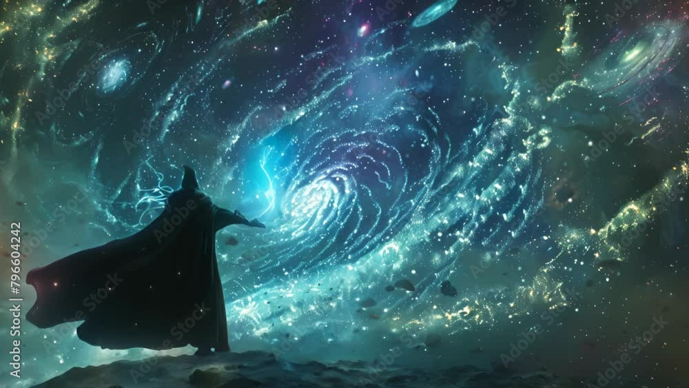 A wizard is casting a spell in a blue and green space with a spiral galaxy in the background A wizard is casting a spell in a blue and green space with a spiral galaxy in the background