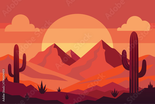 Desert landscape at sunset with cactus and mountain on sunset. Desert Mountain Vector design photo