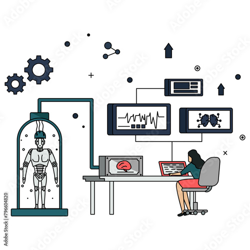 Ttissue engineering culture strategies mechanical cues vector color design, Bio-Mechanical Revolution symbol, Redefining Humanity sign, Humanoid robot stock illustration, humanoid bioreactor concept