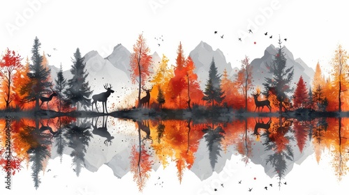 Abstract autumn landscape with animals, hills, mountains, lakes, rivers and lakes. Editable modern illustration.
