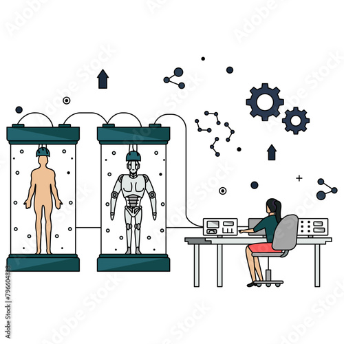 Futuristic laboratory with cryogenic capsules vector design, Bio-Mechanical Revolution symbol, Redefining Humanity sign, Symbiosis illustration, Behavior Cloning and Replay of Humanoid Robot concept