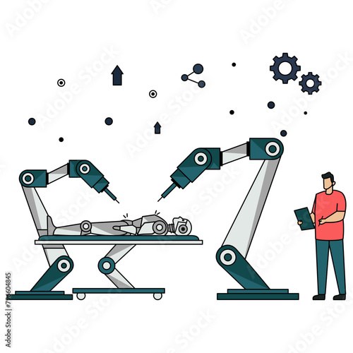 Robot assembly or prototyping vector color design, Bio-Mechanical Revolution symbol, Redefining Humanity sign Symbiosis illustration, Mechanical Structure being Manufacturing by Automated Controlled